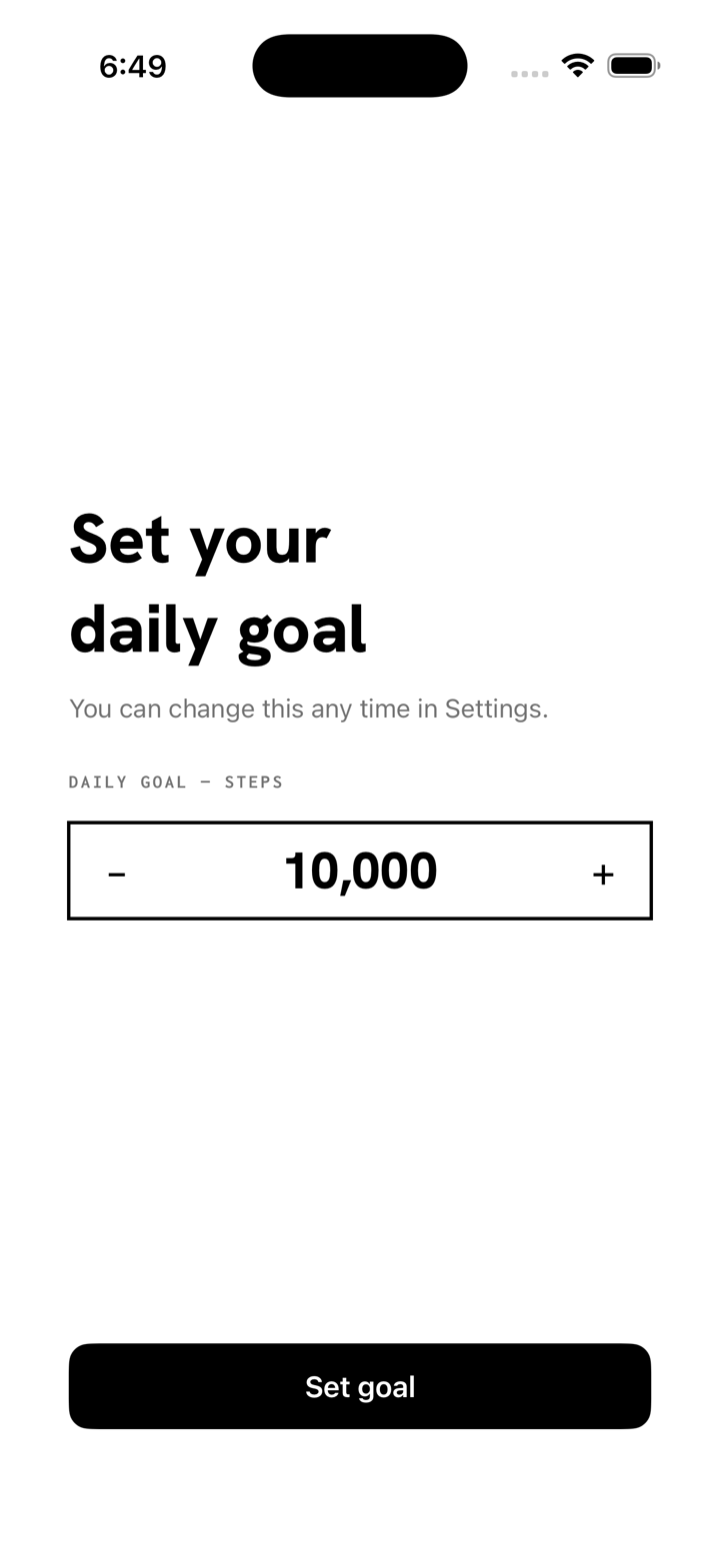Goal setup screen with a stepper set to 10,000 steps and a Set goal button.