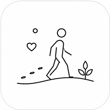 Walkki app icon: a line drawing of a person walking uphill, with footprints and a heart.