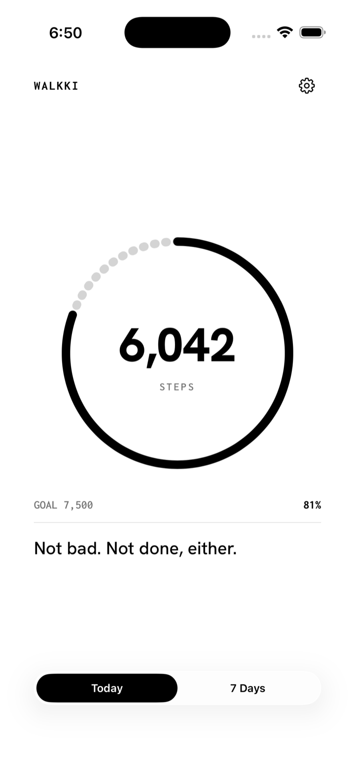 Today screen: a progress ring showing 6,042 steps against a 7,500 goal, with a short quote below.